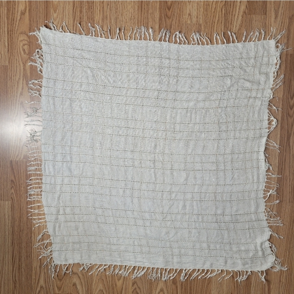 Textured White Rayon Shawl/Scarf With Fringe Accents